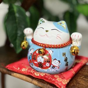招き猫 瀬戸焼 赤絵ブチ猫 中 左 赤 87323-579 陶器 オブジェ ギフト