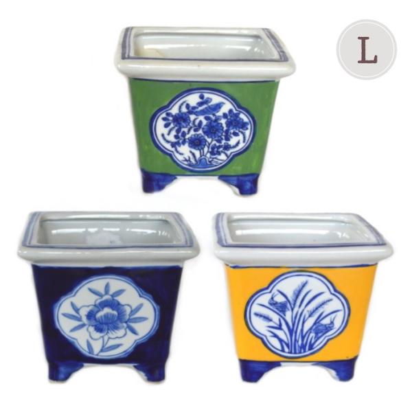 和風 正方形植木鉢 L  l19lh04-05-06 盆栽 苔玉 紺 黄 緑 和 陶器 焼き物 花 ...