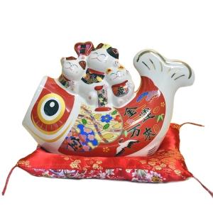 招き猫 瀬戸焼 赤絵ブチ猫 中 左 赤 87323-579 陶器 オブジェ ギフト