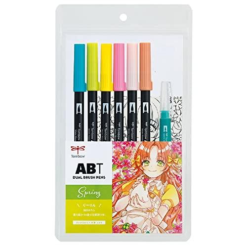 トンボ 筆ペン デュアルブラッシュペン ABT 6色&amp;水筆 イラストセット 春 AB-T6CSRQA