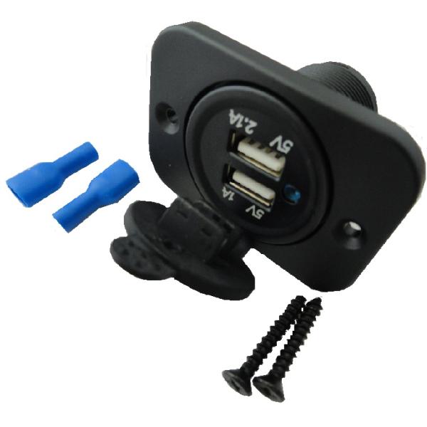 車用12V→USBコネクタ　2口　穴あけ円の直径φ30mm　長方形パネル付　1個入＜2cd-102＞