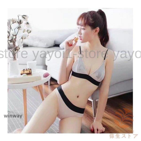 ブラジャーショーツセット 薄型 鳥模様 シースルーブラジャー 下着女性 ノーパッド 三角ブラ透け感