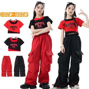 赤 黒 半袖 Tシャツ カーゴパンツ キッズ ダンス衣装 セットアップ おしゃれ 女の子 かっこいい かわいい ゆったり ス へそ出し ヒップホップ