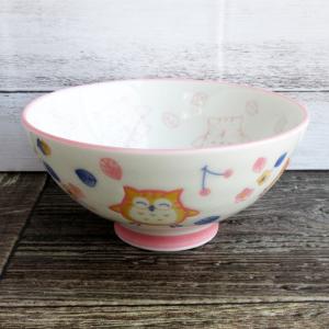 子供用 ご飯茶碗 陶器 リボン猫ピンク茶碗 おしゃれ 和食器 業務用