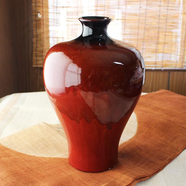 赤窯変流し 壺型 花瓶 41cm / 特大 つぼ型 花瓶 大きい花瓶 花入れ フラワーベース 赤色 ...
