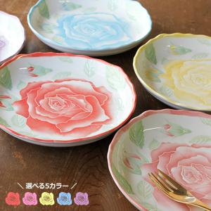 バラ柄食器 薔薇 スクエア プレート 四角い器 日本製 陶磁器 ブル− レッド パープル イエロー ピンク / ローズ ちょっとスクエアなパスタ皿（5色選択）
