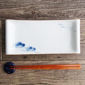 刺身皿 焼き物皿 和食器 日本製 美濃焼 アウトレット食器 松の木 松葉 染付 手描き風 スクエア お刺身 天ぷら / 染松絵 渕反り 長角皿 22.5cm