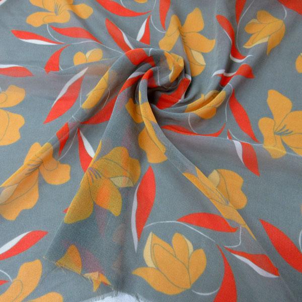 広巾ポリエステル合繊ジョーゼット生地（YEX640）花柄pt/グレー地ｘイエロー　145cm巾　数量...