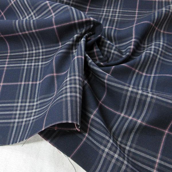 ポリエステルウール混織生地（薄地）（YEX645）先染めチェック柄（ネイビー/ピンク）　  生地巾1...