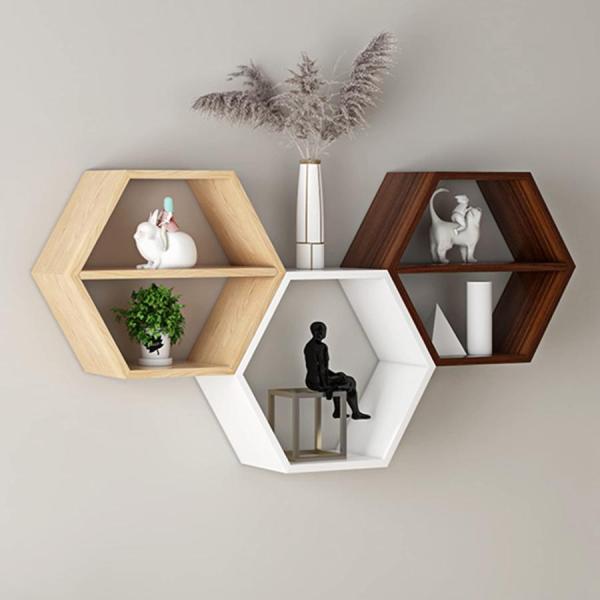 3つの木製六角形フローティングウォールシェルフのセット-装飾的なハニカムシェルフ-リビングルーム、ベ...