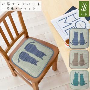 い草チェアパッド角座 キャット 40x40cm ボリュームウレタン ネコシルエット さらさら手触り 角型クッション 座布団