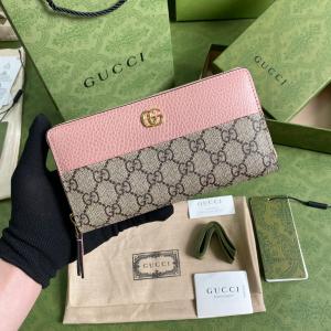 グッチ GUCCI GGマーモント ジップアラウンド ウォレット GGスプリーム キャンバス ピンクレザー