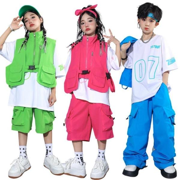 キッズダンス衣装 韓国 ピンク グリーン ブルー 個性派 派手 ベスト ｔシャツ 短パン カーゴパン...