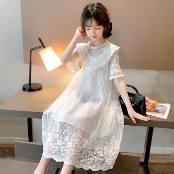 ワンピース キッズ 子供服 女の子夏キッズワンピース 五分袖ワンピース チュール フリル チュニック...