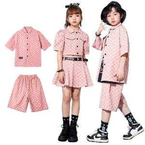 チェックシャツ ハート ピンク キッズダンス衣装 ストリート セットアップ ヒップホップ 衣装 子供服 男の子 女の子 シャツ 桜色 へそ出し ボタン 襟元 半袖 パ