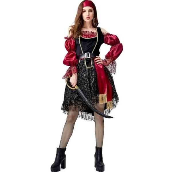 ハロウィン新金ショー服かわいい欧米女性海賊船長コスプレ仮面舞踏会パーティー4点セットワンピース