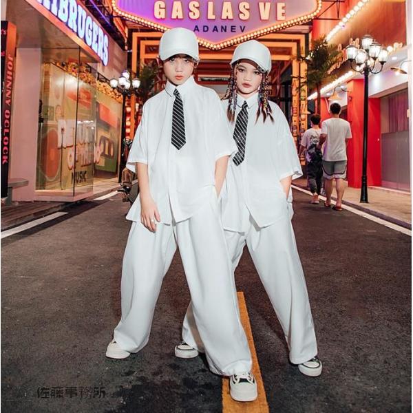 子供ヒップホップジャズダンスウェア　カジュアル ストリートパンツ　半袖ワイシャツ　ホワイト　春夏キッ...