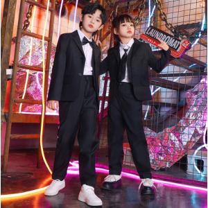 子供スーツダンス衣装　ヒップホップジャズスーツダンスウェア　黒セット　スーツジャケット　ジレベスト　半袖ワイシャツ　スーツパンツ2点/3/4点セットアップ