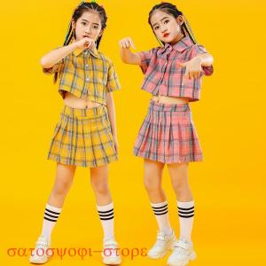 ダンス衣装 チェック柄 キッズ へそ出し tシャツ キッズダンス セットアップ 韓国 ヒップホップ スカート 女の子 応援団 チアガール 発表会