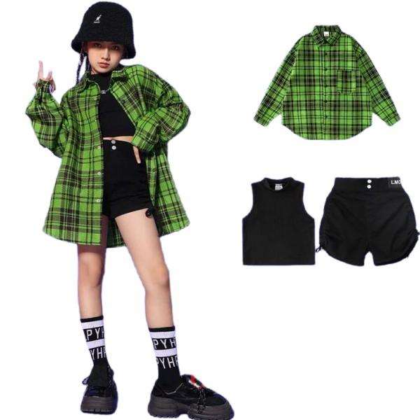 ダンス 衣装 ヒップホップ キッズ HIPHOP 長袖 シャツ ゆるシャツ チェック柄 へそ出し タ...