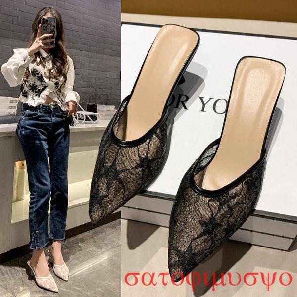 ミュール サンダル レディース 黒 クロ 白 ホワイト ピンヒール 春夏   シンプル ポインテッド...