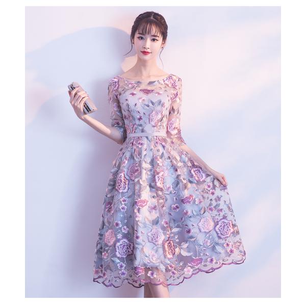【地味もなく派手でもない、ちょうどいい花刺繍柄】パーティードレス　結婚式 ワンピース Aライン 体型...
