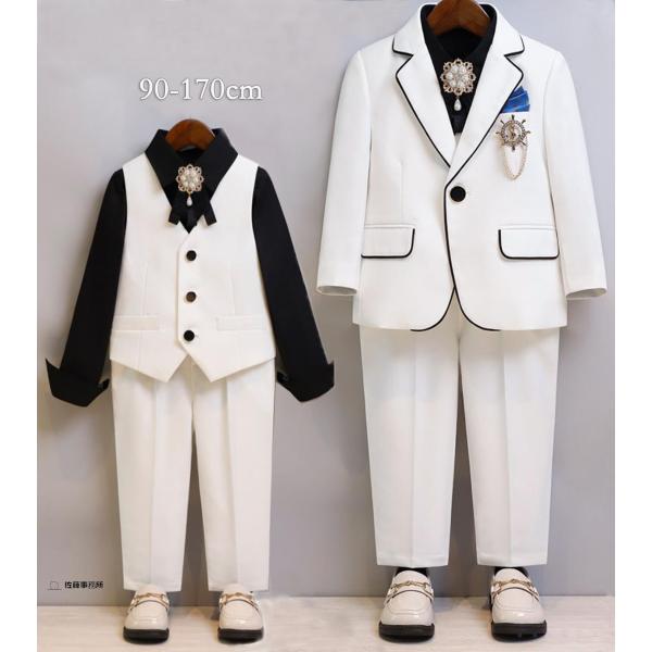子供 スーツ 白 可愛い 男の子 フォマール スーツ 長袖 1個釦 黒い縁取り オールシーズン 結婚...