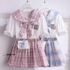 可愛い女の子 学園制服 半袖シャツ ショート丈 チェック柄 プリーツスカート 蝶リボン 兎耳 子供服 夏ウエア スクールウエア 女子制服 JK制服 可愛い 小学生 中