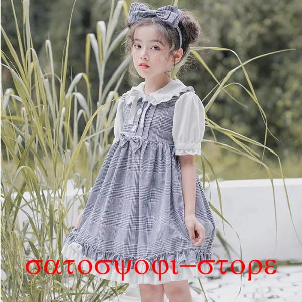 ワンピース カチューシャ付き 子供 女の子 半袖 可愛い チェック柄 100 120 140cm グ...