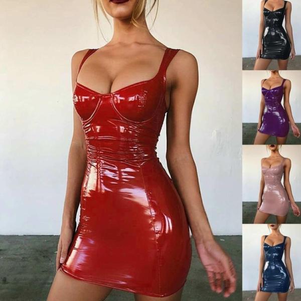 レザーワンピース ミニ ショート丈 キャミソール フェイクレザー ワンピース エナメル 光沢 セクシ...