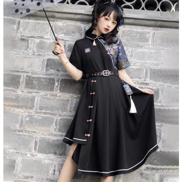 チャイナ風ワンピース 半袖 長袖 ミモレ丈 中国風 シャツワンピース ベルト付き 暗黒系 改良 チャ...