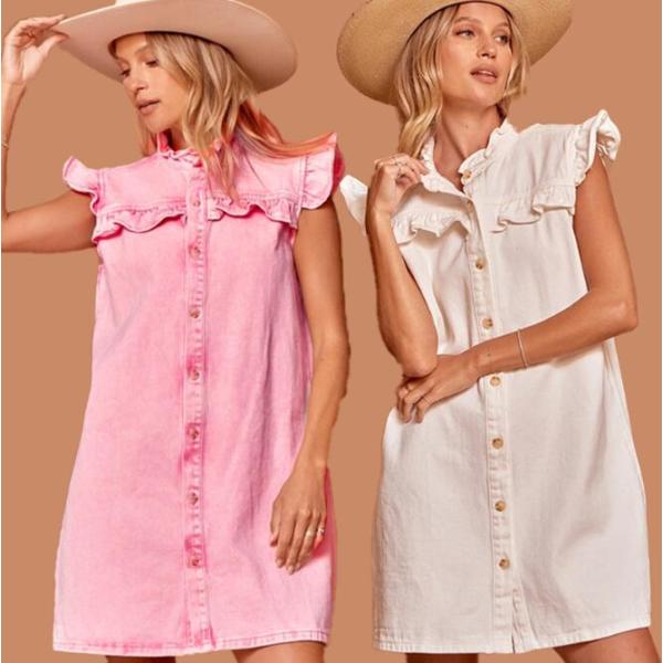 デニム ワンピース ミニ丈 ショート丈 カラーデニム シャツ ワンピース 袖なし フリル付き 可愛い...