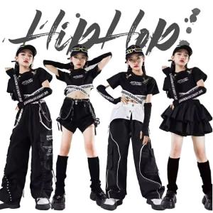 黒系 女の子 ダンス 衣装 ガールズ ブラック へそ出し パンツ スカート 長ズボン キッズ 短パンツ ズボン ガールズ 半袖 サッシュベルト Y2K ダンスウェア 発表