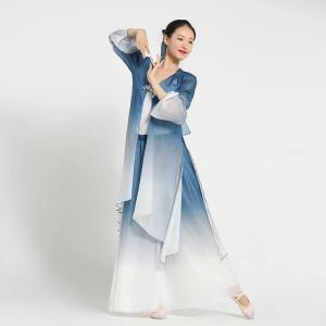 中国古典舞踊ダンスウェア グラデーション ロング丈羽織 長袖 シースルー 前開き ロングブラウス ガウチョパンツ スカーチョ シックな舞台ステージ 演出衣装 チ