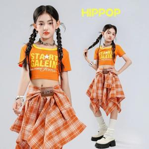 オレンジ キッズ ステージ衣装 半袖 Tシャツ ショート丈 チェック柄 スカート不規則な裾 脚カバー ダンス衣装 団体服 幼稚園 女の子 ジュニア ステージ衣装 発