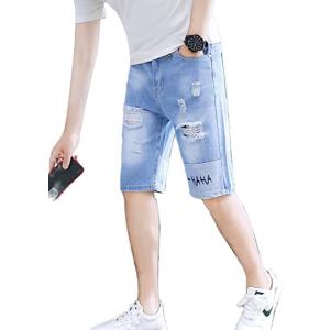夏 薄片 ファイブポイントジーンズ 男性 スリムパンツ ストリートファッション 男性用 ショーツ(s...