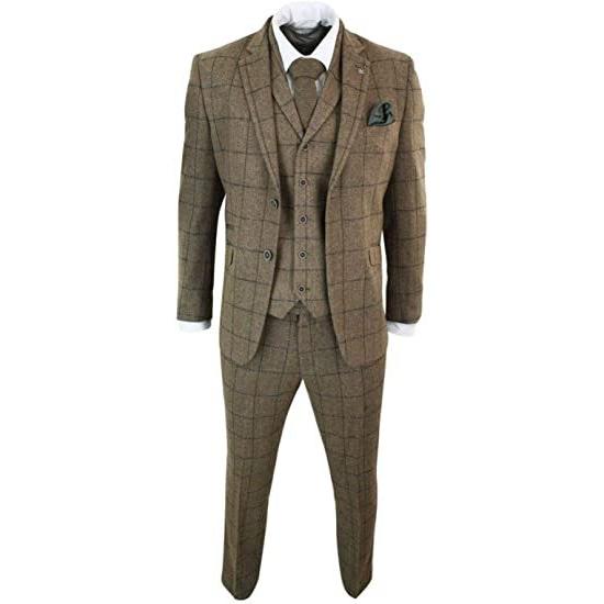 メンズチェック柄ノッチラペルスーツジャケットベスト＆パンツ3ピーススーツセット(s210725135...