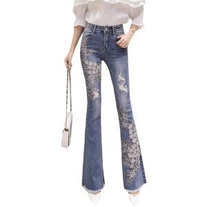デニムパンツ レディース ジーンズ ロング丈 刺繍 ハイウエスト パンタロン ラッパズボン スパンコ...