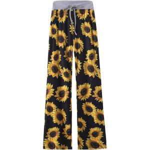 女性のプリント快適なカジュアルストレッチドローストリングワイドレッグパンツ ひまわり Lサイズ(sc...