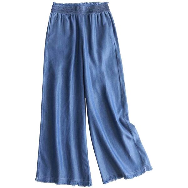 レディース ワイドパンツ ソフトデニム ロングパンツ 無地 ウェストゴム カットオフ ポケット付き ...