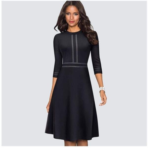 女性ヴィンテージスイングオフィスAラインパーティードレスエレガントなパッチワークスケーターブラックド...
