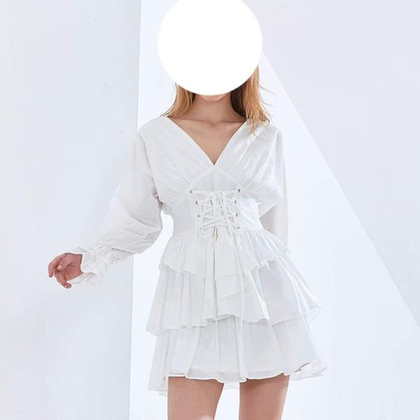 JJZXD 女性Vネック長袖ハイウエストパッチワークフリルドレス女性 (Size : XL code...