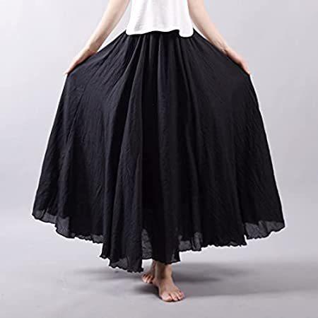 ドレス 新しい女性リネンコットンロングスカート弾性ウエストプリーツマキシスカートビーチビンテージサマ...