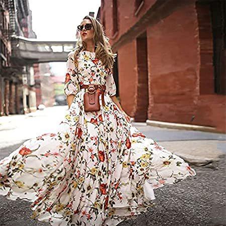 2021新しい女性の花のロングスカート夏の新鮮な長袖ドレープドレスドレスレディースホリデーパーティー...