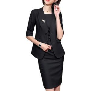 スーツ レディース ワンピース 着痩せ 真っ黒 アウター 通勤 2点セット 春夏秋 正式 卒業式 演...