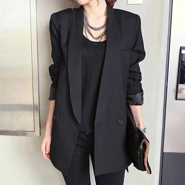 Ladies' New Solid Color Long Black Suit Jacket Asy...