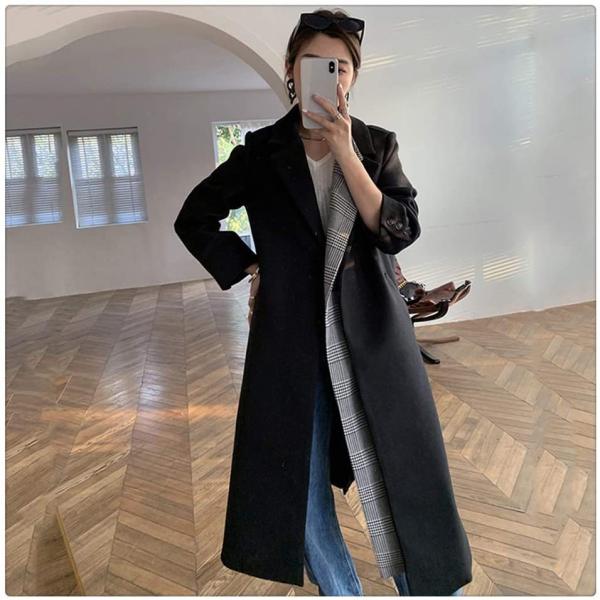 ZHUSHI ルーズフィットブラックチェック柄ビッグサイズロングウールコート新しい長袖女性ファッショ...