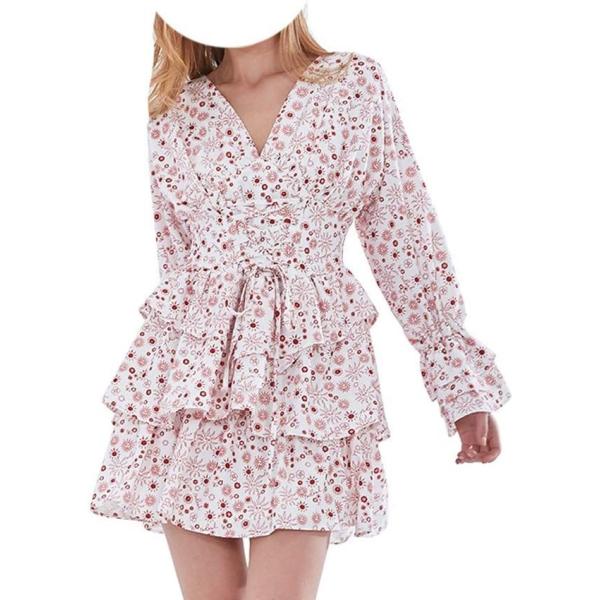 JJZXD 女性Vネック長袖ハイウエストパッチワークフリルドレス女性 (Size : L code)...