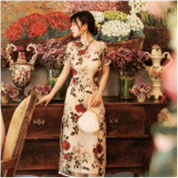 チャイナ中国の古典的な女性のQipaoエレガントな半袖ビンテージドレススプライスレースの花刺繍ロング...