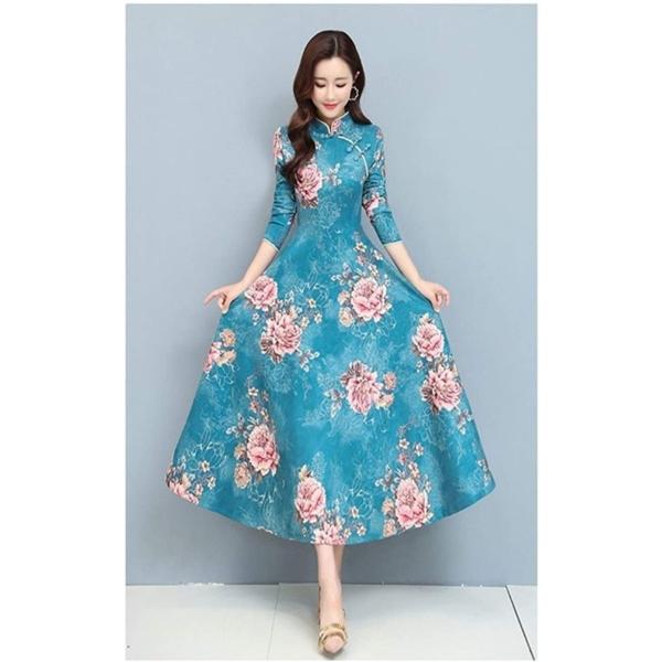 秋冬 チャイナスタンドスタンド襟の花はライン女性ロングドレスを印刷しました (Color : Blu...